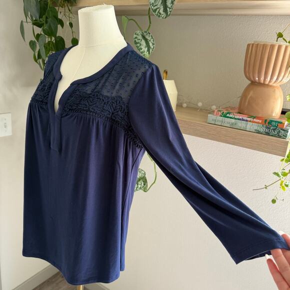 Daniel Rainn Anthropologie Navy Blue Sheer Yoke Long Sleeve Blouse Women M - Picture 6 of 10